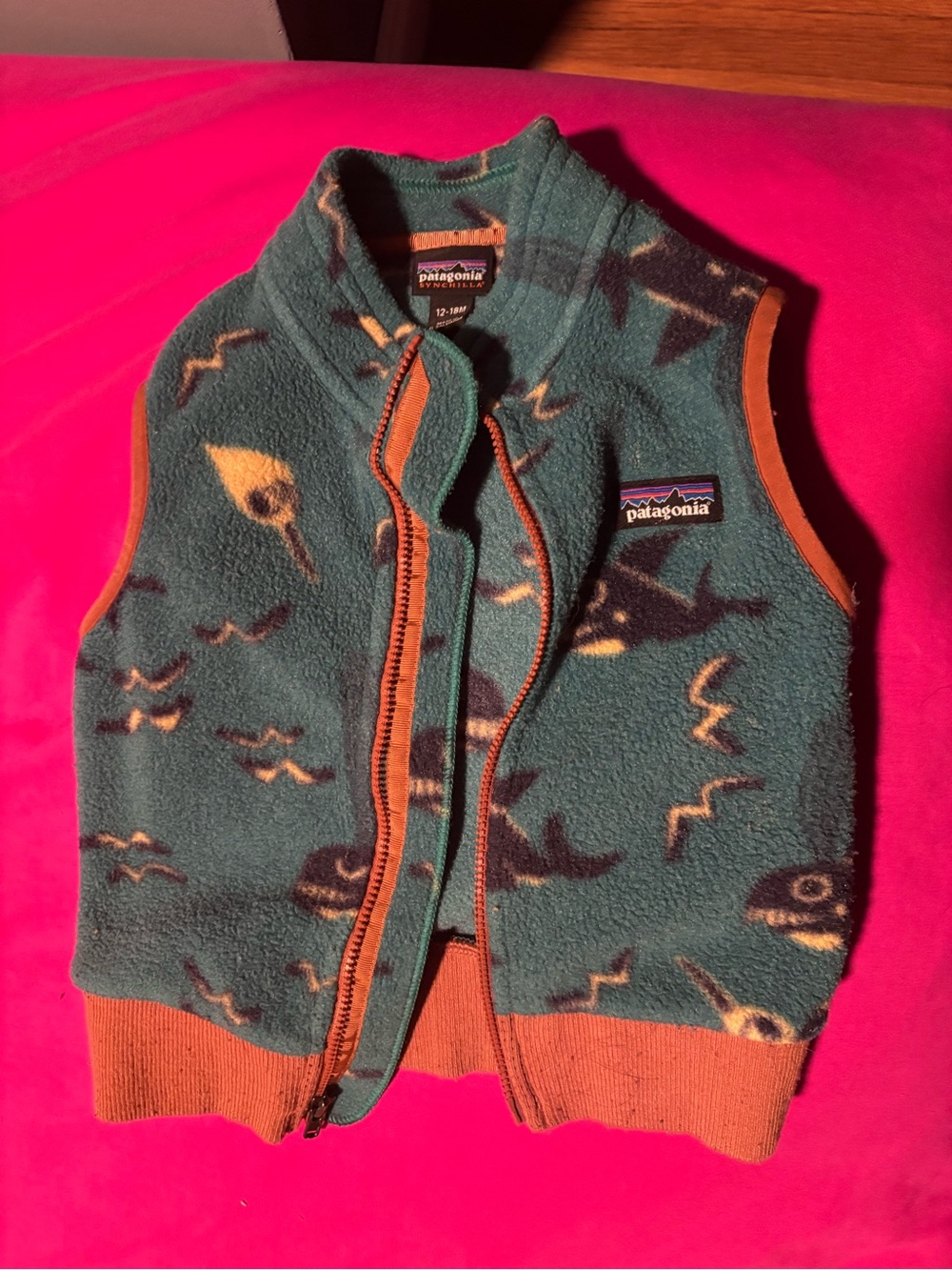 Patagonia Green Fleece Vest with Rust Trim and Fish Print